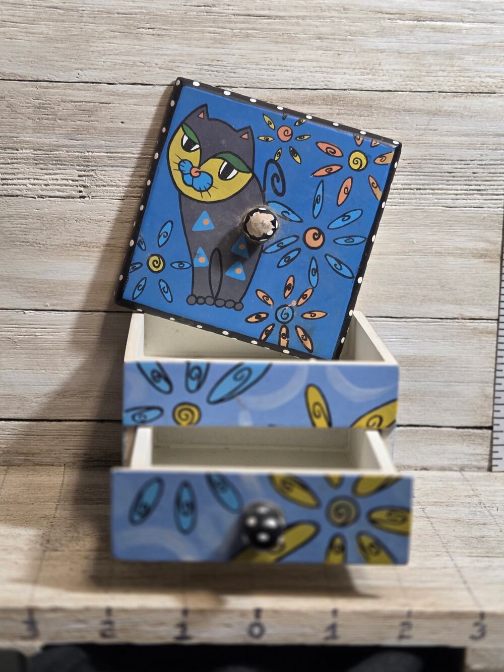 Milson & Louis Hand Painted Wood Cat Jewelry Trinket Box Drawer Folk Art